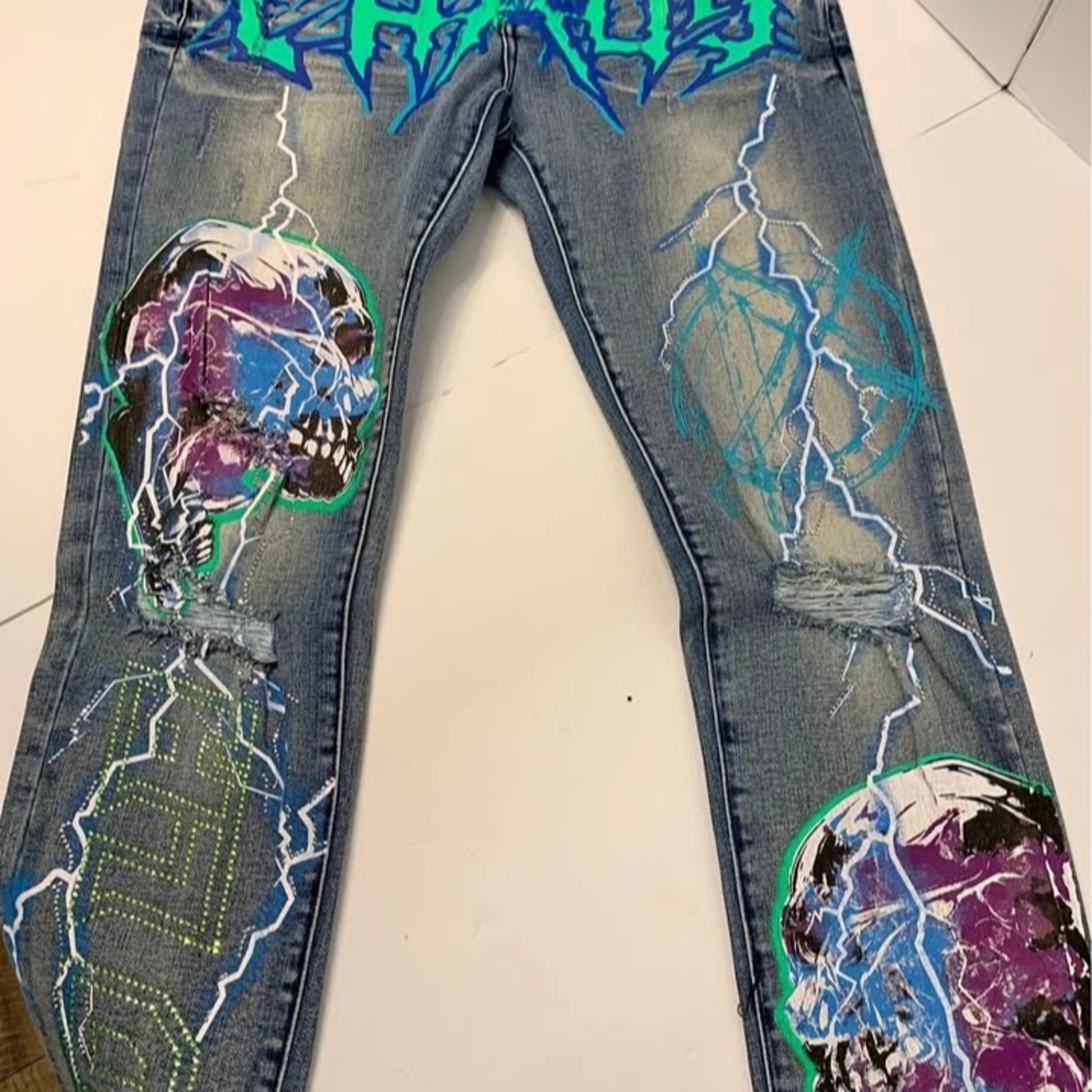 Blue and Green Skinny Jeans with Vibrant Artwork